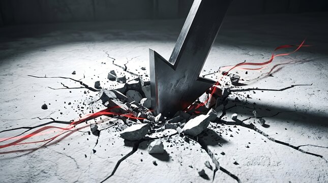 Sharp black downward arrow crashing through cracked concrete surface with red splashes and flying debris showing financial loss market crash economic decline failure and dramatic downturn on grey back