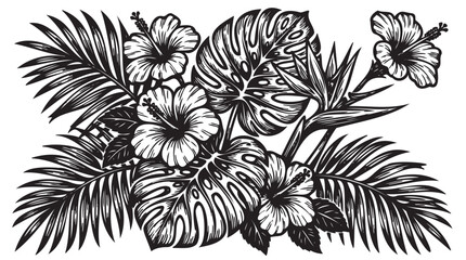 Tropical floral, black and white, palm leaves, hibiscus flowers, vector illustration © Edimator
