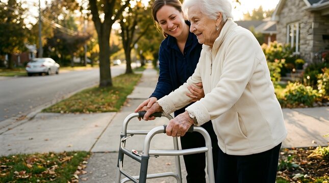 Young female caregiver helping happy elderly senior woman walk with walker outdoors in suburban neighborhood during autumn showing elderly care support assistance and compassionate nursing for old age