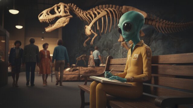Alien in yellow jumpsuit sitting on bench and drawing inside museum with dinosaur skeleton. Extraterrestrial character visiting exhibition. Science fiction scene of paranormal phenomenon.