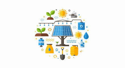 Fototapeta premium Sustainable Agriculture and Smart Irrigation Flat Illustration with Solar Panels, Plants, and Water Management Icons for Green Farming Technology