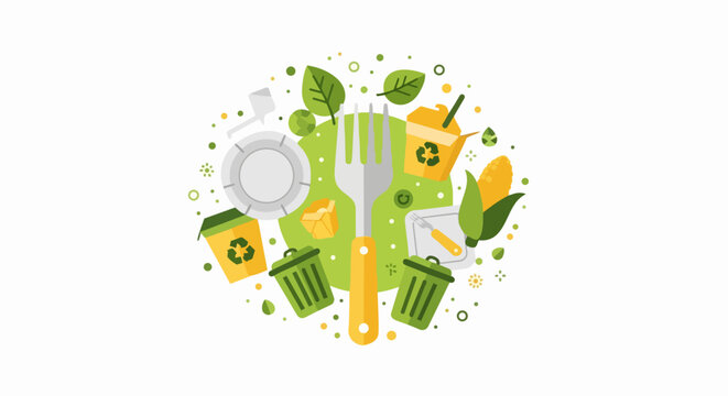 Sustainable Food Packaging and Recycling Concept - Flat Vector Illustration of Eco-Friendly Cutlery, Takeout Containers, and Waste Management Icons
