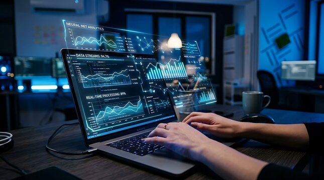 AI Generated Close up of hands typing on a laptop displaying complex data analytics and neural network charts with futuristic glowing blue interface in a dark modern office