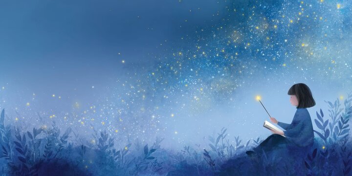 a child sitting on the edge of an open field, reading under the stars, holding a magic wand in their hand, surrounded by twinkling constellations