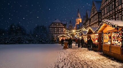 Fototapeta premium Magical Christmas Market Scene at Night with Snowfall and Festive Lights.