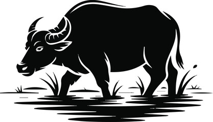 Isolated on silhoutte Water buffalo walking in shallow jungle river stream vector art on white background © MdMasud
