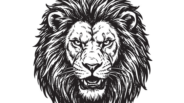 Black and white lion head, fierce animal portrait, vector illustration, wildlife graphic