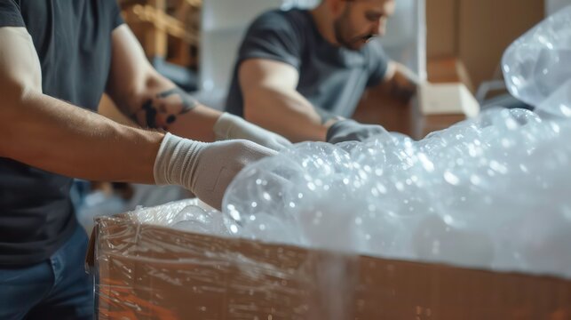 Close-up of gloved hands packing bubble wrap into a cardboard box.