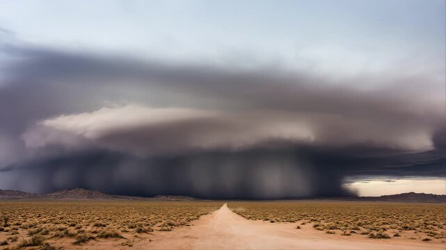Tornado Forming Over Flat Desert Landscape at Dusk, Swirling Storm Clouds and Dramatic Wind-Driven Dust in the Arid Plain