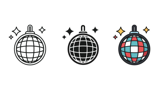 Disco ball vector illustration set in line art flat and colorful styles