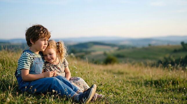Two young siblings enjoying a peaceful moment together outdoors on a grassy hill.