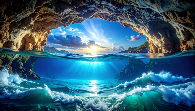 Underwater cave tunnel with crystal clear blue water and sunlight rays.
