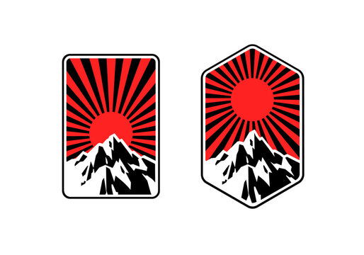 Mountain signs with red sun rays on blak background in japan style for asian style stickers design, clothing prints, travel patch with mountain landscape - editable vector template  