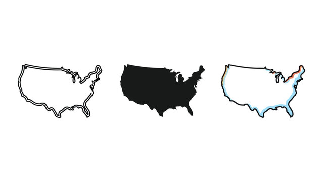 United States map outline silhouette and stylized vector illustration set