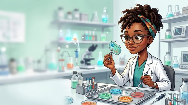 Female microbiologist examining petri dish in laboratory cartoon style
