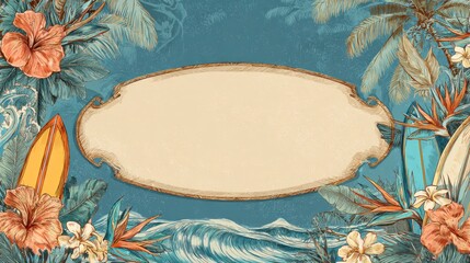 Obraz premium Tropical Ocean Frame with Floral Border and Surfboards for Sports or Lifestyle Themes