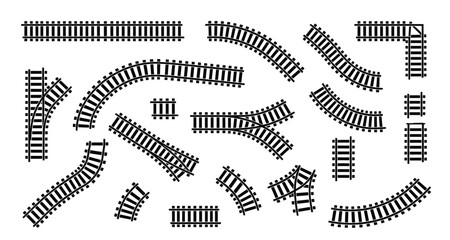 Railway track vector silhouette set. Straight and curved train rails, turnouts, junctions, crossovers, railroad ties, transportation construction parts and logistics map elements. ©  AR Studio Company