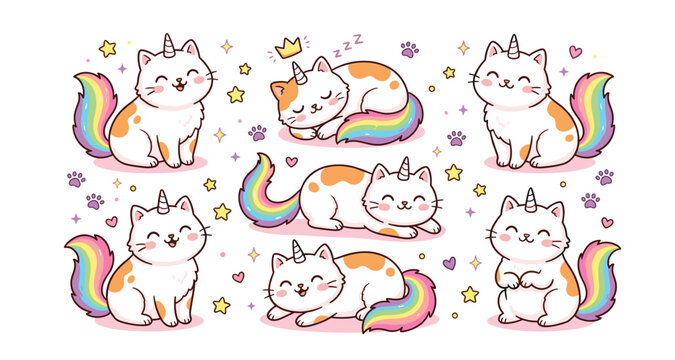 Cute caticorn vector cartoon character set. Kawaii unicorn cats with rainbow tails, sleeping, smiling, sitting, magic stars, hearts and child nursery sticker elements.