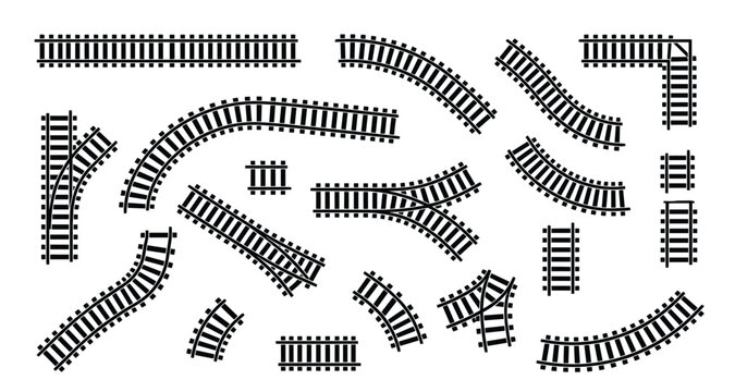 Railway track vector silhouette set. Straight and curved train rails, turnouts, junctions, crossovers, railroad ties, transportation construction parts and logistics map elements.