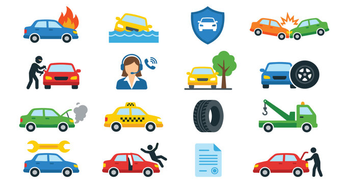 Car insurance and road accident vector icon set. Automobile crash, fire, flood, car theft, emergency support, towing service, repair and claim document flat elements.