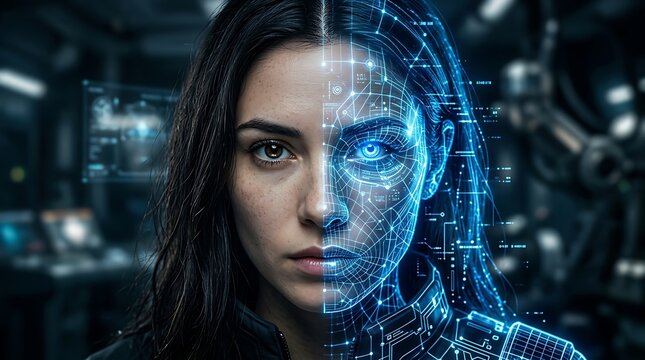 AI Generated Woman with half human and half cybernetic face in dark lab setting with blue circuitry