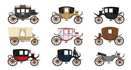 Vintage horse carriage vector icon set. Retro royal coaches, wooden wheels, covered wagons, victorian transportation, historical stagecoaches and antique fairytale buggy illustrations. ©  AR Studio Company