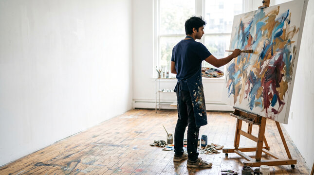 Artist paints a colorful abstract masterpiece on a large canvas inside a bright studio space.