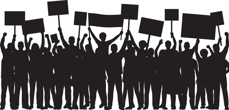 Black silhouette of a large group of people protesting, holding banners and raising fists in a demonstration of collective action and solidarity