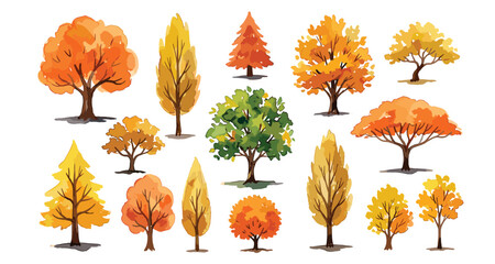 Autumn trees vector watercolor illustration set. Colorful fall foliage foliage, orange oaks, yellow poplars, green maples, pines and seasonal forest landscape design elements. ©  AR Studio Company