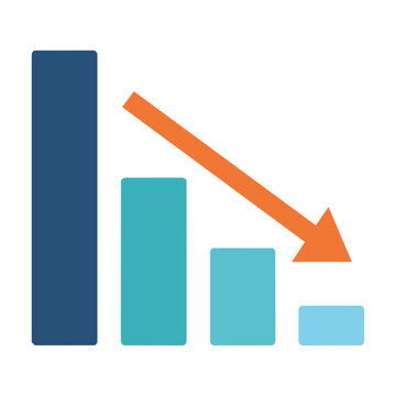Minimalist bar chart icon with a downward arrow illustrating a negative financial trend, economic decline concept