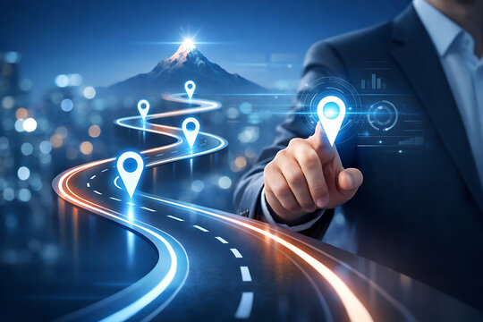 A businessman points at a glowing digital roadmap with location pin markers showing the path towards a successful corporate mountain peak destination goal strategy plan