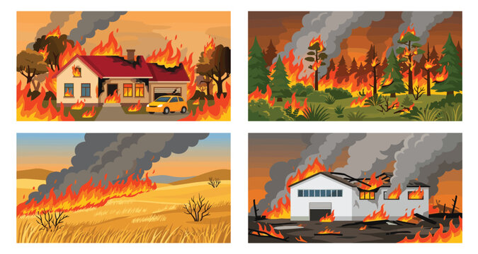 Wildfire and building fire disaster vector illustration set. Burning house with car, forest wildfire, field bushfire, industrial warehouse blaze and thick smoke clouds.