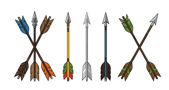 Tribal arrow vector illustration set. Crossed ethnic arrows, metallic fletching, colorful feathers, indigenous archery gear and traditional native american hunter weapon symbols.