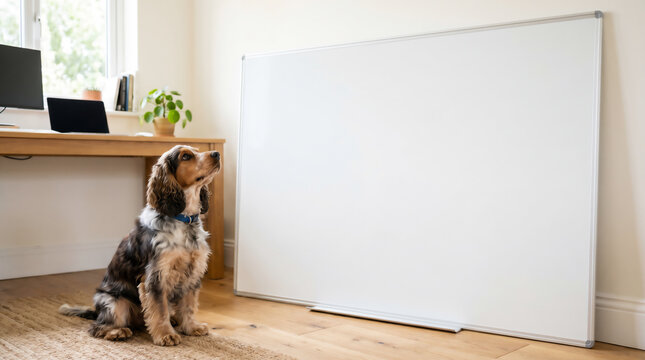 Adorable English Cocker Spaniel sitting attentively next to a large blank whiteboard in a bright home office.