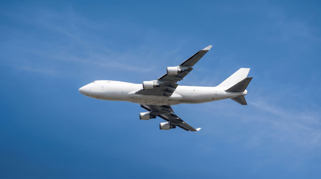 Blank white four-engine commercial airplane flying high in a clear blue sky.