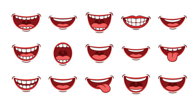 Cartoon mouth expressions vector icon set. Red lips with white teeth, laughing, smiling, sticking out tongue, shouting and various happy facial emotional elements.