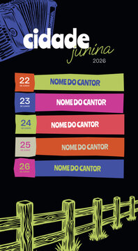 festa junina instagram story schedule template, traditional sao joao event programming layout, rustic june celebration lineup banner