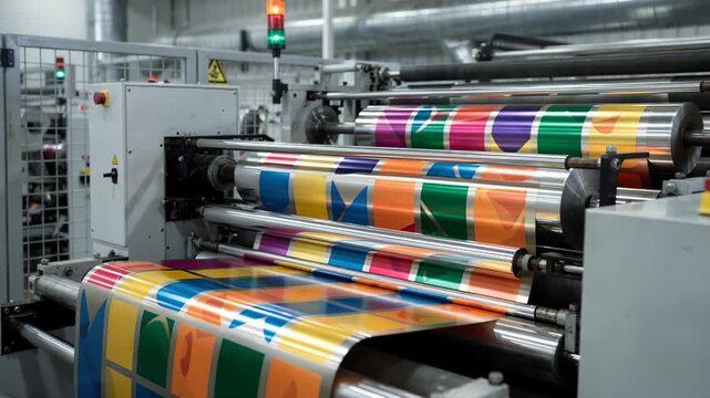 Highspeed flexographic printing presses apply vivid spot colors onto shiny packaging foil showcasing precise color registration in a factory setting
