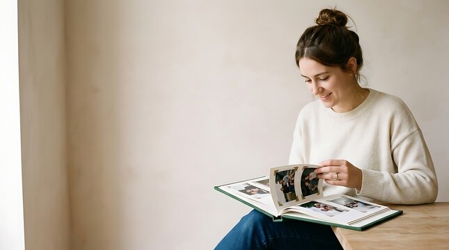 Young Woman Happily Looking Through a Photo Album at Home.