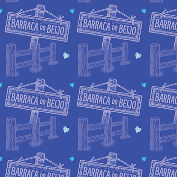seamless pattern of folk kissing booth and festive typography, barraca do beijo woodblock sign, rustic festa junina quermesse elements, traditional wooden fence linocut wallpaper