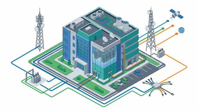 Modern Technology Building Connected to Communication Towers and Satellite.