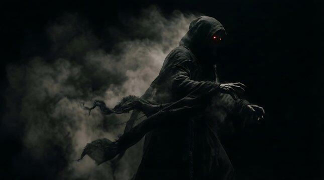 Hooded grim reaper demon with glowing red eyes reaching out in dark smoke. Scary fantasy monster. Perfect for horror and halloween concepts.
