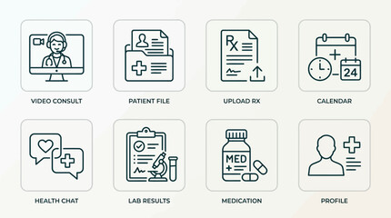 Fototapeta premium Healthcare medical icons featuring video consult patient file upload rx and calendar for digital clinic management health chat lab results medication and user profile for telemedicine applications.