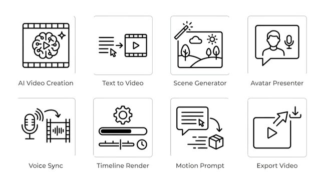 Ai video creation icons set featuring text to video conversion scene generator and avatar presenter for digital marketing content production motion prompt timeline render and video export features.