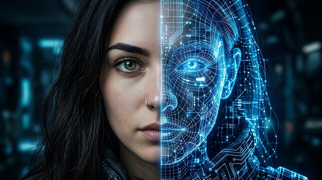 AI Generated Humanity's digital evolution a woman's face merging with a glowing blue wireframe symbolizing future technology and artificial intelligence integration