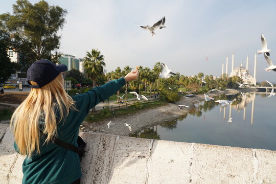 A girl feeding seagulls in Adana Taskopru
