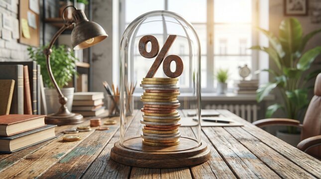 Coins Stack with Percent Sign under Glass Dome on Wooden Desk in Office