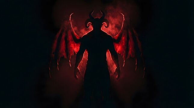 Epic horned demon silhouette standing in dark red smoke. Scary fantasy horror monster concept. Perfect for gaming and cinematic backgrounds.
