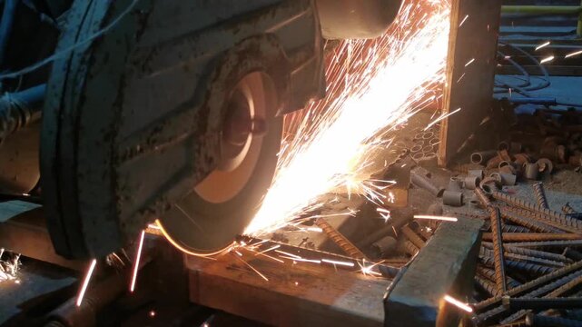 Abrasive Saw Cutting Steel Rebar in Industrial Workshop