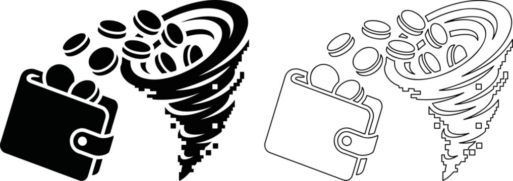 Wallet losing cash in a whirlwind icon, economic recession and asset devaluation vector illustration